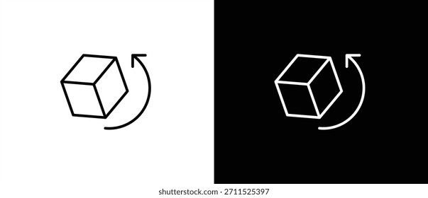 Icono de Rotar cubo. Un cubo con un contorno simple sobre un fondo negro y transparente. Trazo editable.