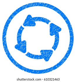 Rotate CW grainy textured icon inside circle for overlay watermark stamps. Flat symbol with dirty texture. Circled vector blue rubber seal stamp with grunge design.
