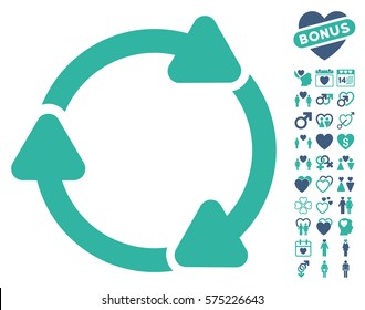Rotate CW icon with bonus decorative icon set. Vector illustration style is flat rounded iconic cobalt and cyan symbols on white background.