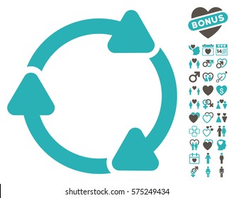 Rotate CW icon with bonus love symbols. Vector illustration style is flat rounded iconic grey and cyan symbols on white background.