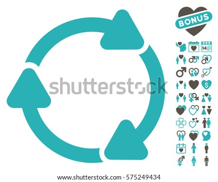 Rotate CW icon with bonus love symbols. Vector illustration style is flat rounded iconic grey and cyan symbols on white background.