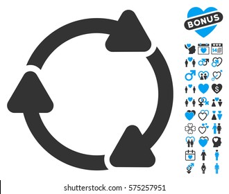 Rotate CW icon with bonus valentine graphic icons. Vector illustration style is flat rounded iconic blue and gray symbols on white background.