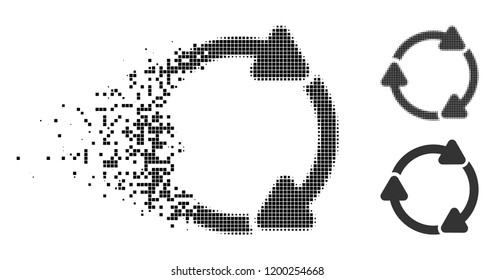 Rotate CW icon in disappearing, dotted halftone and undamaged solid versions. Pieces are arranged into vector disappearing rotate CW pictogram. Disappearing effect uses rectangle particles.