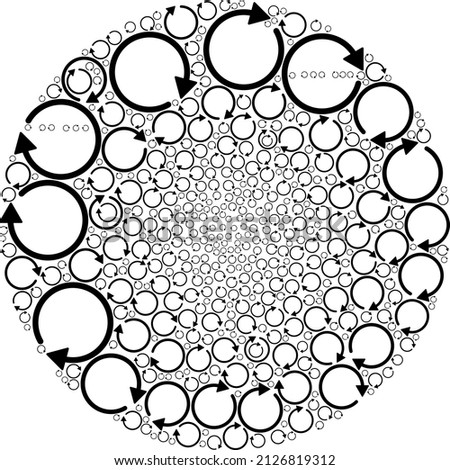 Rotate CW icons are grouped into globe group. Rotate CW icon round mosaic. Abstract round bubble mosaic is organized with rotate CW icons.