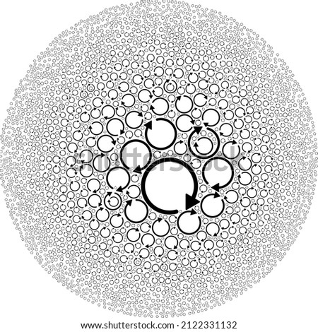 Rotate CW items are grouped into bubble collection. Rotate CW icon spheric mosaic. Abstract spheric cluster mosaic done with rotate CW items.