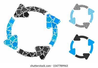 Rotate CW mosaic of raggy elements in variable sizes and color tints, based on rotate CW icon. Vector tuberous elements are combined into collage. Rotate CW icons collage with dotted pattern.