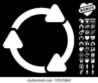Rotate CW pictograph with bonus dating pictures. Vector illustration style is flat rounded iconic white symbols on black background.