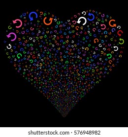 Rotate fireworks with heart shape. Vector illustration style is flat bright multicolored iconic symbols on a black background. Object salute created from scattered icons.