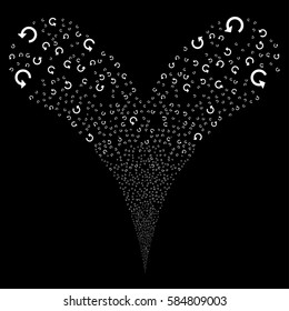 Rotate fireworks stream. Vector illustration style is flat white iconic symbols on a black background. Object double fountain done from random pictographs.