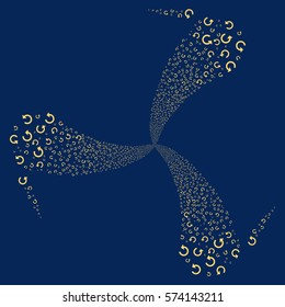 Rotate fireworks swirl rotation. Vector illustration style is flat yellow iconic symbols on a blue background. Object twirl created from random pictographs.