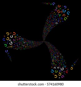 Rotate fireworks swirl rotation. Vector illustration style is flat bright multicolored iconic symbols on a black background. Object whirlpool created from random pictographs.