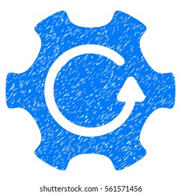 Rotate Gear grainy textured icon for overlay watermark stamps. Flat symbol with scratched texture. Dotted vector blue ink rubber seal stamp with grunge design on a white background.