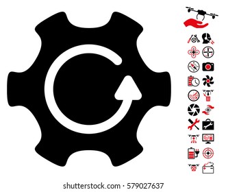Rotate Gear icon with bonus quad copter service graphic icons. Vector illustration style is flat iconic intensive red and black symbols on white background.