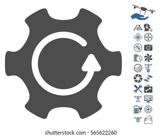 Rotate Gear icon with bonus uav service clip art. Vector illustration style is flat iconic cobalt and gray symbols on white background.