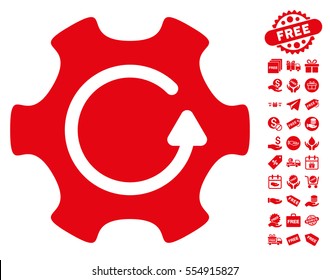 Rotate Gear icon with free bonus icon set. Vector illustration style is flat iconic symbols, red color, white background.