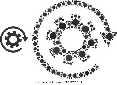 Rotate gear mosaic icon. Vector mosaic is formed of scattered virus cell items. Virus cell collage rotate gear icon. Rotate gear collage for pandemic templates.