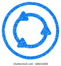 Rotate grainy textured icon inside circle for overlay watermark stamps. Flat symbol with unclean texture. Circled dotted vector blue ink rubber seal stamp with grunge design on a white background.