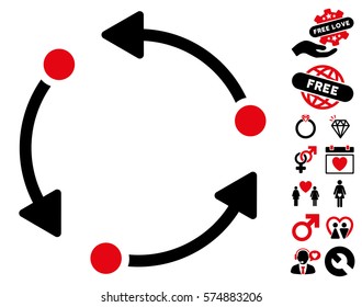 Rotate icon with bonus decorative clip art. Vector illustration style is flat rounded iconic intensive red and black symbols on white background.