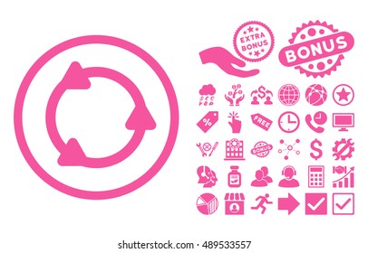Rotate icon with bonus icon set. Vector illustration style is flat iconic symbols, pink color, white background.