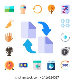 rotate icon set. 17 flat rotate icons.  Collection Of - panorama, hand gesture, sync, fan, process, sprocket, circular clock, virtual reality, washing machine, degrees