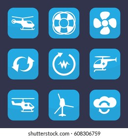 Rotate icon. set of 9 filled rotate icons such as helicopter, fan, update, medical helicopter, heartbeat