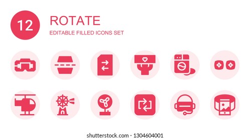 rotate icon set. Collection of 12 filled rotate icons included Virtual reality, Flip, Change, Fans, Washing machine, Helicopter, Windmill, Fan, Repeat, Vr, 360