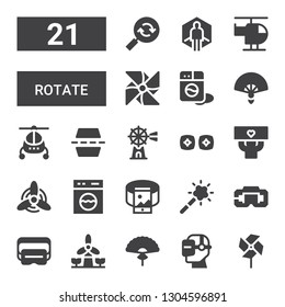rotate icon set. Collection of 21 filled rotate icons included Pinwheel, Virtual reality, Fan, Windmill, Magic tool, 360, Washing machine, Fans, Vr, Flip, Helicopter, Reload