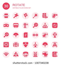 rotate icon set. Collection of 30 filled rotate icons included Flip, Windmill, Pinwheel, Magic tool, Washing machine, Virtual reality, Reload, Fan, Change, Vr, Helicopter, Panoramic view