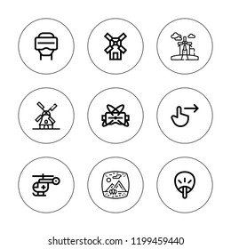 Rotate icon set. collection of 9 outline rotate icons with helicopter, fan, vr, wind mill, swipe right, windmill icons. editable icons.