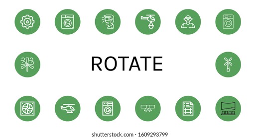 rotate icon set. Collection of Cogwheel, Washing machine, Virtual reality, Helicopter, Fan, Degree, Artboard, Panorama, Wind turbine, Windmill icons