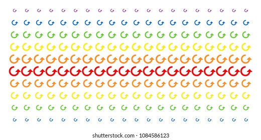 Rotate icon spectral halftone pattern. Vector shapes arranged into halftone matrix with vertical spectrum gradient. Designed for backgrounds, covers, templates and abstraction effects.