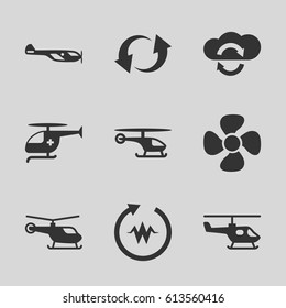 Rotate icons set. set of 9 rotate filled icons such as helicopter, fan, update, medical helicopter, heartbeat