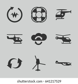 Rotate icons set. set of 9 rotate filled icons such as helicopter, fan, update, medical helicopter, heartbeat