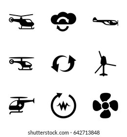 Rotate icons set. set of 9 rotate filled icons such as helicopter, fan, update, medical helicopter, heartbeat