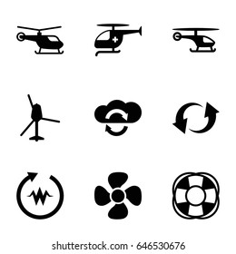 Rotate icons set. set of 9 rotate filled icons such as helicopter, fan, update, medical helicopter, heartbeat