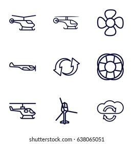 Rotate icons set. set of 9 rotate outline icons such as helicopter, fan, update