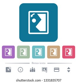 Rotate image left white flat icons on color rounded square backgrounds. 6 bonus icons included