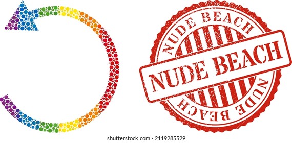 Rotate left arrow collage icon of circle elements in variable sizes and rainbow colorful color tinges. Red round rubber watermark with Nude Beach caption.