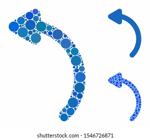 Rotate left composition of filled circles in various sizes and color tones, based on rotate left icon. Vector filled circles are combined into blue mosaic.