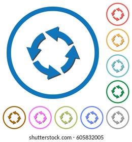 Rotate left flat color vector icons with shadows in round outlines on white background