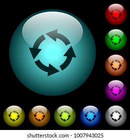 Rotate left icons in color illuminated spherical glass buttons on black background. Can be used to black or dark templates