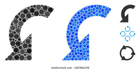 Rotate left mosaic of filled circles in variable sizes and color tones, based on rotate left icon. Vector filled circles are combined into blue collage.