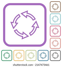 Rotate left outline simple icons in color rounded square frames on white background