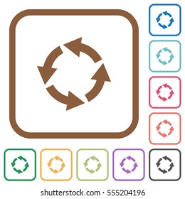 Rotate left simple icons in color rounded square frames on white background