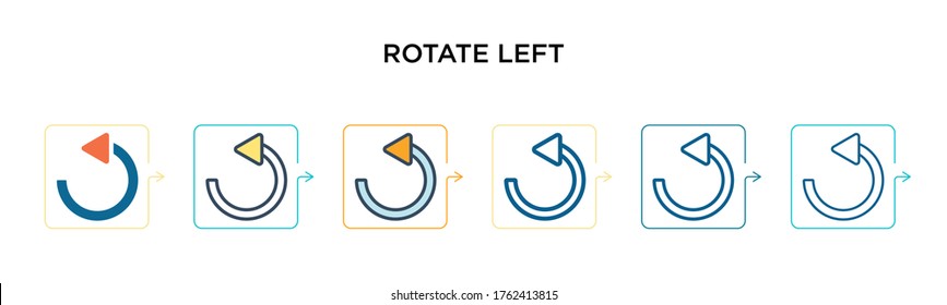 Rotate left vector icon in 6 different modern styles. Black, two colored rotate left icons designed in filled, outline, line and stroke style. Vector illustration can be used for web, mobile, ui