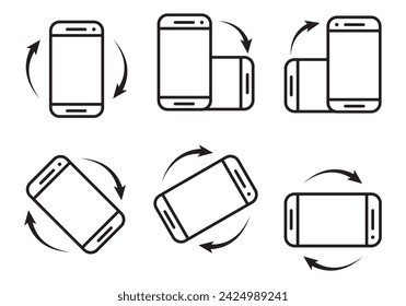 gire el conjunto de iconos de vector de pantalla del teléfono móvil. Rotación del dispositivo con flecha gire el signo del dispositivo del smartphone. símbolo de la manera horizontal del teléfono móvil.