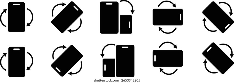 Rotate mobile phone or smartphone icon set. Device rotation symbol. Turn your device sign. rotate smartphone line and solid icon set.  Vector illustration
