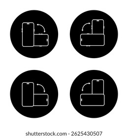 Rotate modern smartphone icon set on black circle. Mobile phone rotation sign symbol
