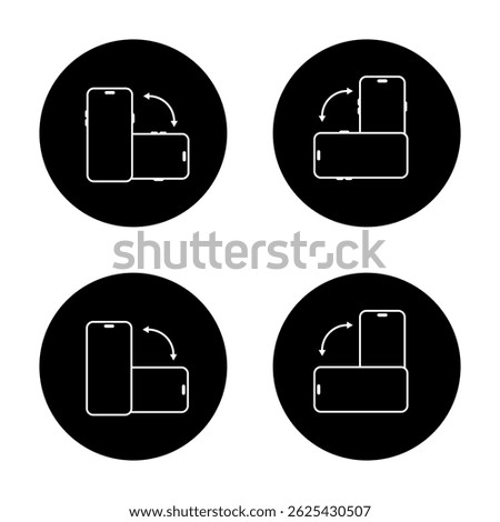 Rotate modern smartphone icon set on black circle. Mobile phone rotation sign symbol