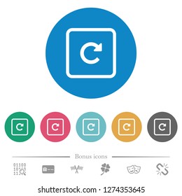 Rotate object right flat white icons on round color backgrounds. 6 bonus icons included.